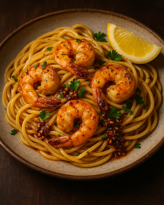 Garlic Butter Shrimp Pasta with Casa De Laurel Salsa Macha